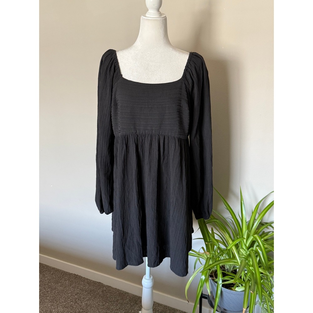 Arula Mini Dress Women X/XL Black Babydoll Square Neck Balloon Sleeve Boho EUC